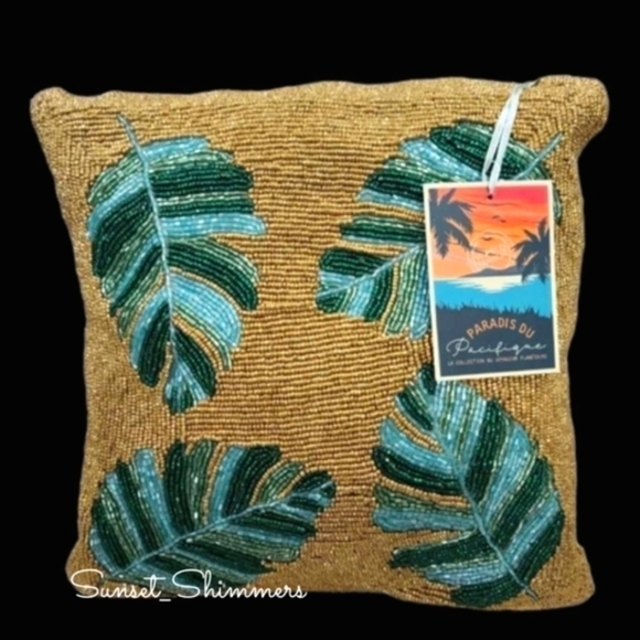 PACIFIC Paradise GOLD Green Teal Aqua Beaded Palm Leaf Pier 1 Style Pillow Decor - Picture 1 of 13